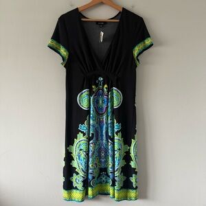 Y2K Vintage Snap Babydoll V Neck Knee Length Dress Stretch Short Sleeve Paisley